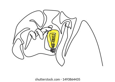 continuous line drawing of a yellow light bulb conceptual business ideas.
linear style and Hand drawn Vector illustrations, Black background