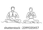 Continuous line drawing of yoga. man women sitting yoga pose lotus. couple sitting cross-legged meditating on a white background. concept of yoga, meditation, healthy body, and relaxation.
