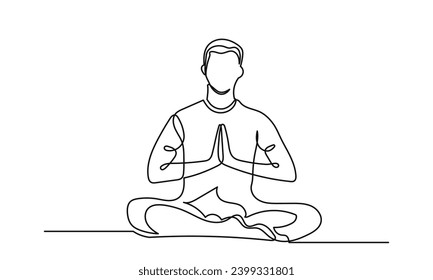 Dibujo continuo de yoga. hombre sentado yoga posloto. un hombre sentado de piernas cruzadas meditando sobre un fondo blanco. concepto de yoga, meditación, cuerpo saludable y relajación.
