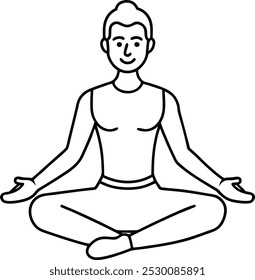 Kontinuierliche Linienzeichnung der Yoga-Kontur. Ein Mann sitzt Yoga Pose Lotus und sitzt mit gekreuzten Beinen meditieren. Konzept von Yoga, Meditation, gesunder Körper und Entspannung.