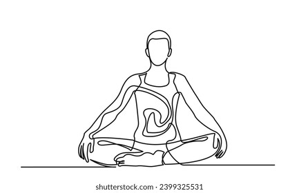 Continuous line drawing of yoga. women sitting yoga pose lotus. a woman sitting cross-legged meditating on a white background. concept of yoga, meditation, healthy body, and relaxation.
