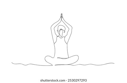 Kontinuierliche Linienzeichnung von Yoga. Frauen sitzen Yoga Pose Lotus. eine Frau, die im Schneidersitz meditiert. Konzept von Yoga, Meditation, gesunder Körper und Entspannung. Handgemachte Vektor nicht AI