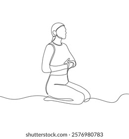 Continuous line drawing of yoga. women yoga. a woman meditating on a white background. concept of yoga, meditation, healthy body, and relaxation.