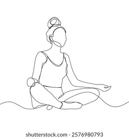 Continuous line drawing of yoga. women yoga. a woman meditating on a white background. concept of yoga, meditation, healthy body, and relaxation.