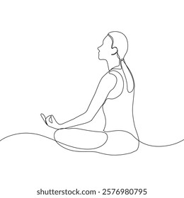 Continuous line drawing of yoga. women yoga. a woman meditating on a white background. concept of yoga, meditation, healthy body, and relaxation.