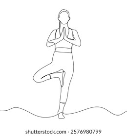 Continuous line drawing of yoga. women yoga. a woman meditating on a white background. concept of yoga, meditation, healthy body, and relaxation.
