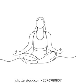 Continuous line drawing of yoga. women yoga. a woman meditating on a white background. concept of yoga, meditation, healthy body, and relaxation.