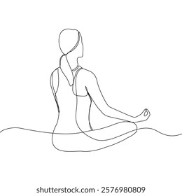 Continuous line drawing of yoga. women yoga. a woman meditating on a white background. concept of yoga, meditation, healthy body, and relaxation.