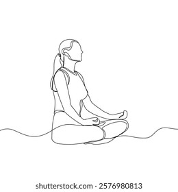 Continuous line drawing of yoga. women yoga. a woman meditating on a white background. concept of yoga, meditation, healthy body, and relaxation.