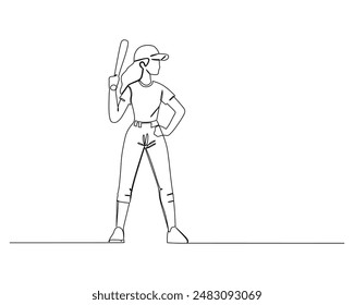 continuous line drawing of a young active female baseball player standing and hold a bat and ready to hit a ball.