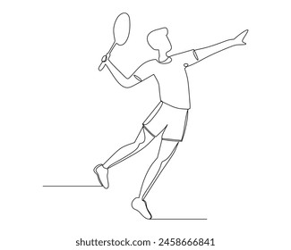 Continuous line drawing young agile man badminton player jump and smash shuttlecock. Badminton tournament event. Sport exercise healthy concept. One line draw graphic design vector illustration