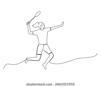 Continuous line drawing young agile woman badminton player jump and smash shuttlecock. Badminton tournament event. Sport exercise healthy concept. Single line draw design vector illustration