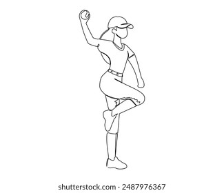 continuous line drawing of a young attractive female baseball player pitcher throwing ball pose. sport and leisure activity concept and design.