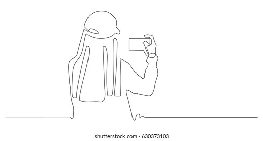 continuous line drawing of young attractive woman making selfie photo on smartphone isolated on a white background