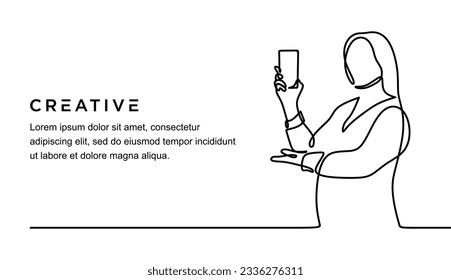 continuous line drawing of young beautiful female showing phone