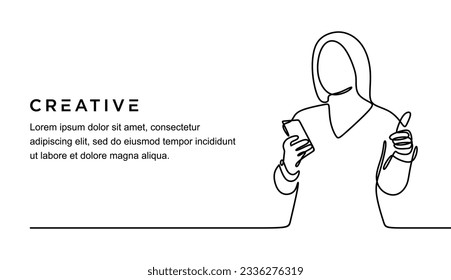 continuous line drawing of young beautiful female holding phone while showing thumb up