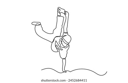 continuous line drawing of a young boy energetic hip-hop dancer man practicing.Single line art concept of male hip-hop dance. Vector illustration.