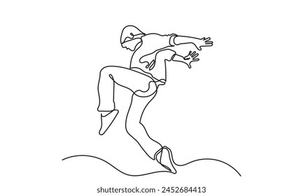 continuous line drawing of a young boy energetic hip-hop dancer man practicing.Single line art concept of male hip-hop dance. Vector illustration.