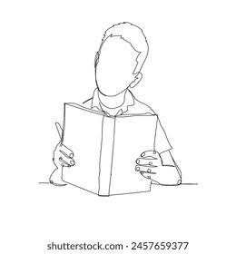 Continuous line drawing. A young boy engrossed in reading a book, sitting with a focused expression on his face. icon vector illustration