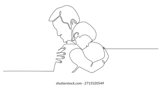 Dibujo de línea continua de un niño abrazando a su padre que simboliza la confianza amorosa y el vínculo familiar. Ilustración de una sola línea adecuada para el cuidado de los padres y temas de conexión emocional.