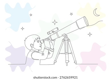 Continuous Line Drawing of a Young Boy Gazing Through a Telescope at the Night Sky, Featuring Stars and a Crescent Moon