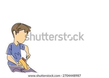 Continuous line drawing of young boy using a chisel to carve leather shoe. Social concept of World Day Against Child Labor exploitation advocating education, safety, and protection from exploitation