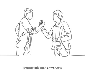 Continuous line drawing young business man handshake his colleague to deal project  Business meeting concept  Single line drawing design  vector graphic illustration