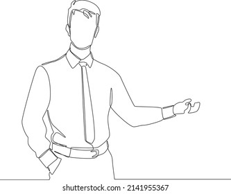 Dibujo continuo en línea de un joven empresario presentando algo con una mano en el bolsillo y la presentación de la mano. Ilustración vectorial.