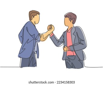 El contínuo dibujo de un joven hombre de negocios da la mano a su colega para que dirija un proyecto. Concepto de reunión de negocios. Diseño de dibujo de una sola línea, ilustración gráfica vectorial