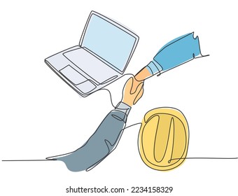 Continuous line drawing of young business man and architect deal big construction building project. Business agreement concept. Single line drawing design, graphic vector illustration