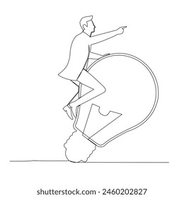 Dibujo de línea continua de un joven hombre de negocios montando la luz y apuntando a la meta. Concepto de crecimiento empresarial. Ilustración vectorial de diseño
