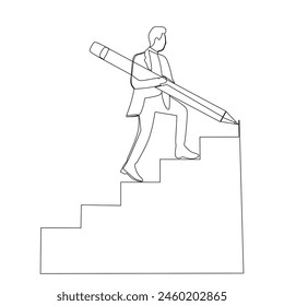 Durchgehende Strichzeichnung eines jungen Geschäftsmannes, der einen Stift klebt und die Treppe steigt. Wachstumskonzept. Design-Vektorillustration
