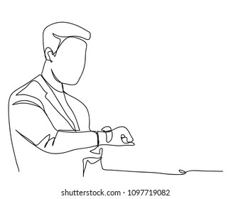 Continuous Line Drawing Of Young Businessman And Briefcase Watching On His Watch. Business, Appointment, Time Concept Vector 