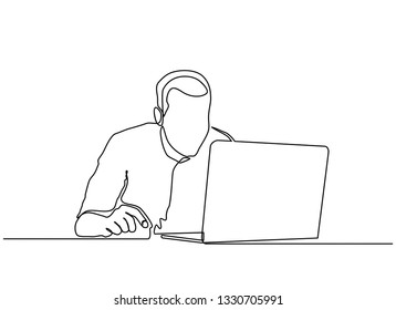 Continuous line drawing of young businessman working with laptop in an office. Make a job report. Vector