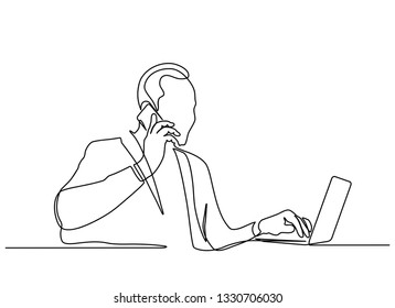 Continuous line drawing of young businessman working with laptop in an office. Make work reports and call with mobile phone. Vector