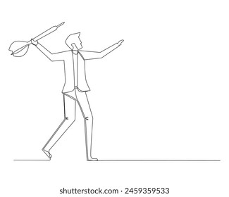 continuous line drawing of a young businessman trying to throw a drat arrow. The concept of persistence in business