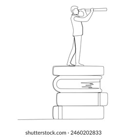 Continuous line drawing young businessmen standing on pile of books and looking through telescope .Technology solution. Business growth concept. Design vector illustration