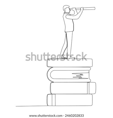 Continuous line drawing young businessmen standing on pile of books and looking through telescope .Technology solution. Business growth concept. Design vector illustration