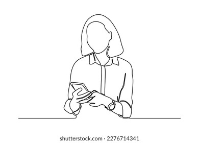 continuous line drawing of Young Cheerful Lady Using Smartphone For Messaging With Friends