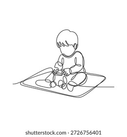 A continuous line drawing of a young child playing with building blocks