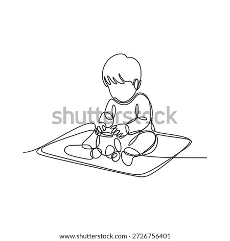 A continuous line drawing of a young child playing with building blocks