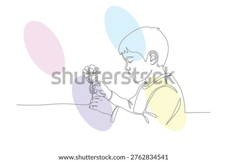 Continuous Line Drawing of a Young Child Admiring a Flower, Hand-Drawn Illustration with Pastel Backgrounds, Concept of Love and Innocence