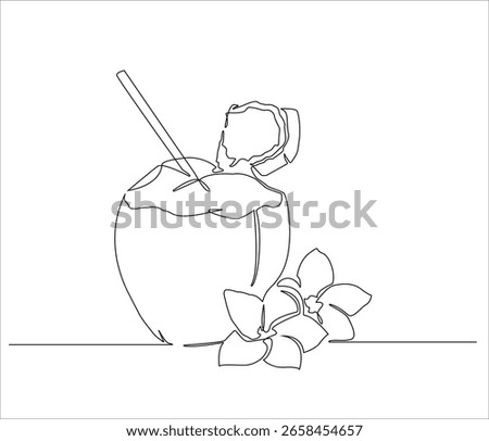 Continuous line drawing of Young Coconut With Flower on the side. Single line illustration of Young Coconut. Coconut day concept. Editable outline