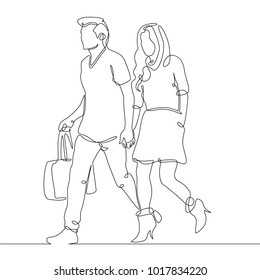 continuous line drawing of young couple, together happy older couple walking 