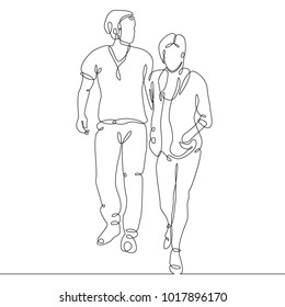 continuous line drawing of young couple, together happy older couple walking 