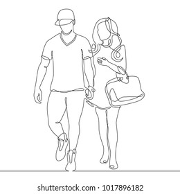 continuous line drawing of young couple, together happy older couple walking 