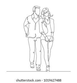 continuous line drawing of young couple, together happy older couple walking 
