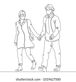 continuous line drawing of young couple, together happy older couple walking 
