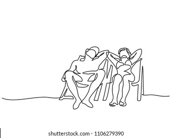 Continuous line drawing. Young couple relaxing on sun lounger near sea. Vector illustration. Concept for logo, card, banner, poster, flyer