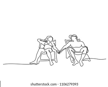 Continuous line drawing. Young couple relaxing on sun lounger near sea. Vector illustration. Concept for logo, card, banner, poster, flyer